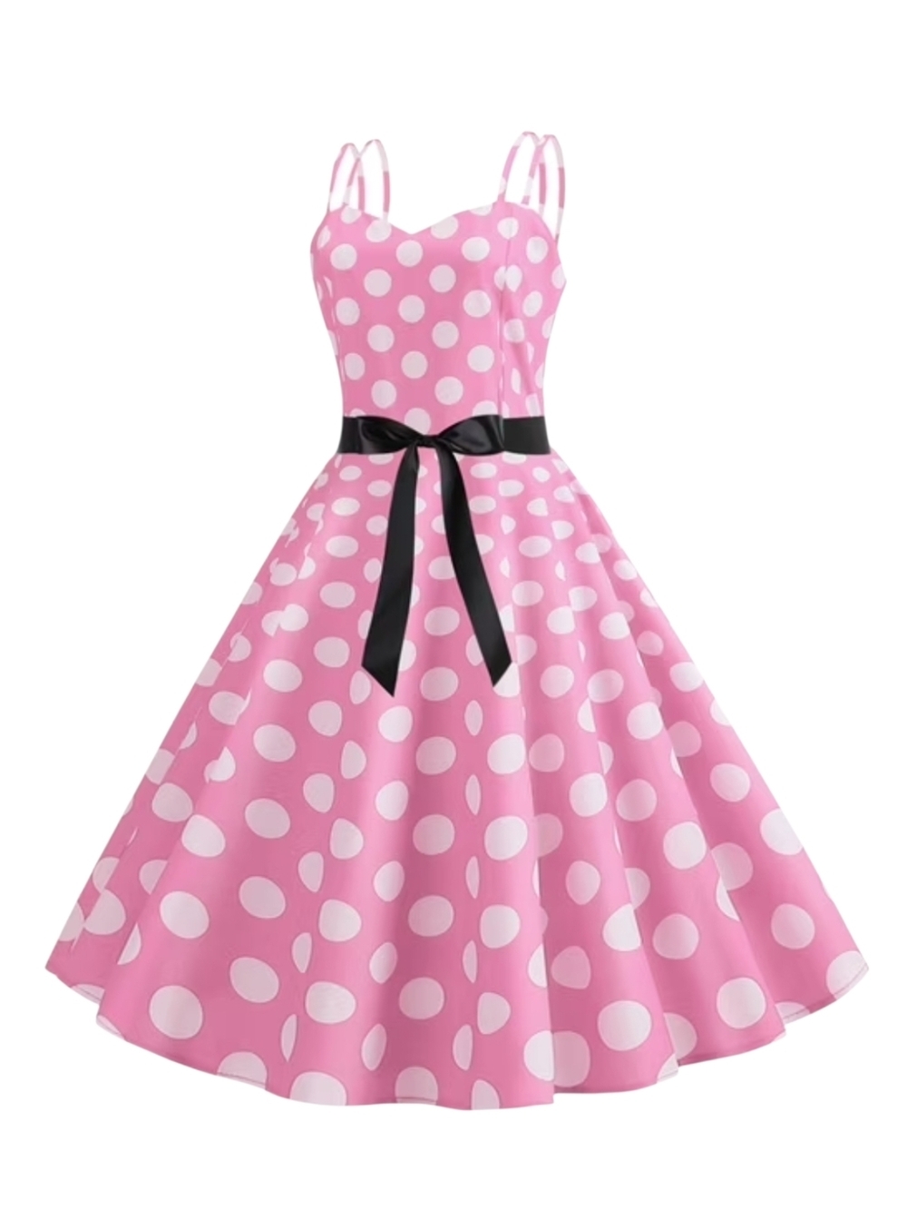 IWEMEK - Small Pink Polka Dot A-Line Dress with Black Waist Tie - Picture 5 of 10